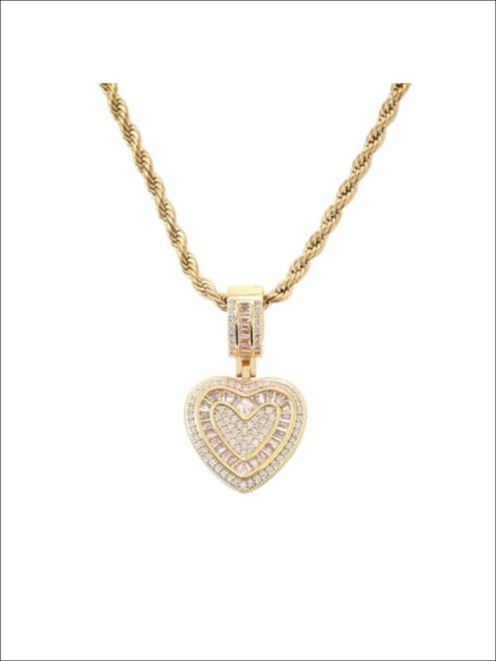 14K Gold Plated Heart Pendant Necklace Cubic Zirconia Rope Chain